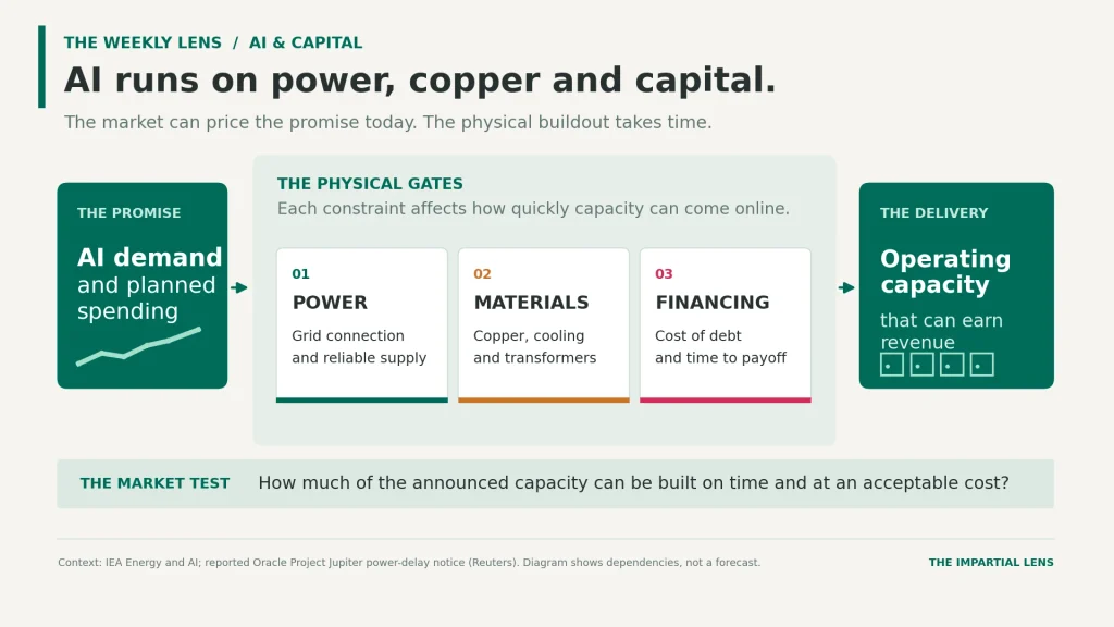 Diagram showing AI demand moving through three constraints—power, materials and financing—before planned data centers become operating capacity.