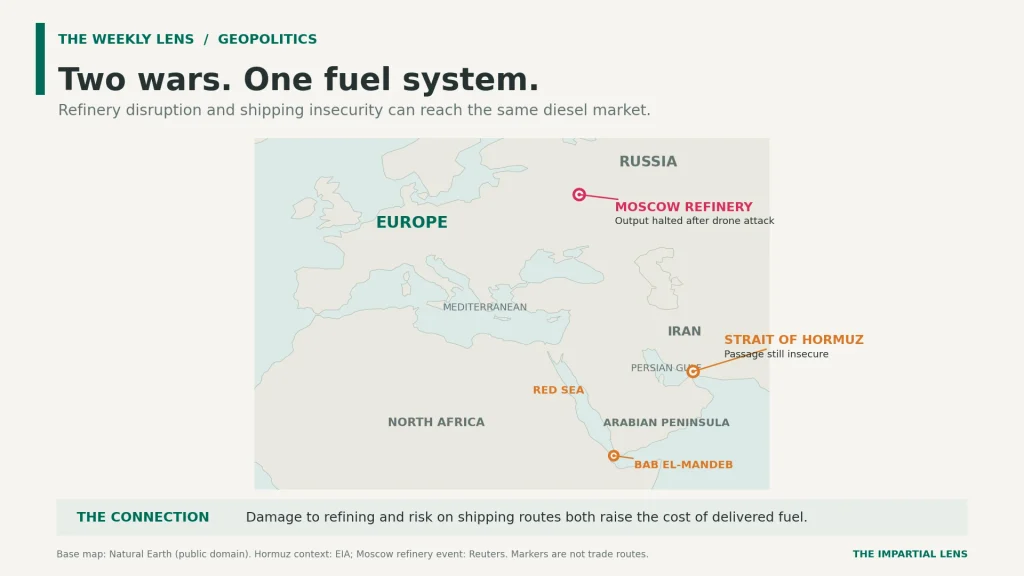 Two maps show the Moscow refinery in Russia and the Hormuz and Bab el-Mandeb shipping chokepoints. Refinery damage and shipping risk can both raise delivered fuel costs.