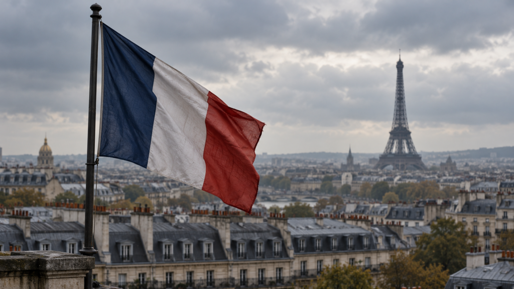 French flag overlooking Paris rooftops, with the Eiffel Tower beneath an overcast sky.