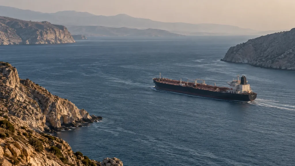 An oil tanker travels through a narrow maritime passage bordered by rocky coastlines.