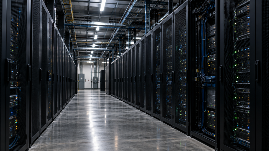 Rows of server racks inside a data centre.