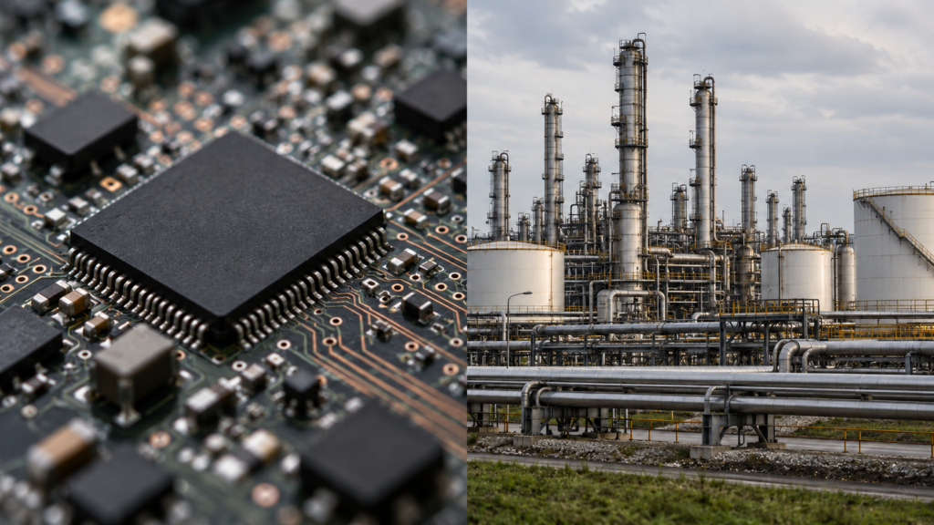Editorial illustration pairing a close-up of a semiconductor chip on a circuit board with refinery towers, pipes and storage tanks.