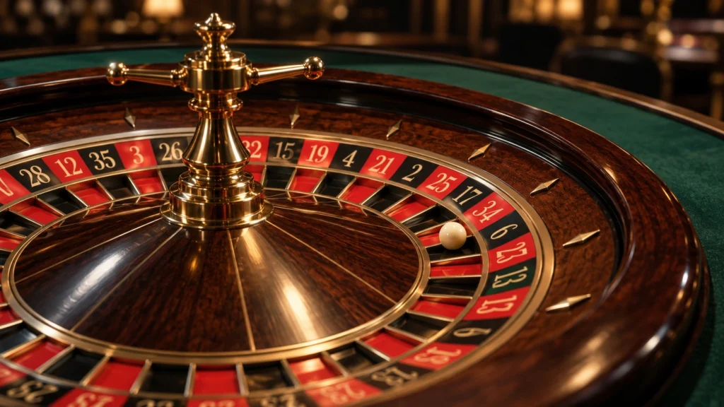 Close view of a polished wooden roulette wheel with brass fittings, red and black pockets and an ivory ball.