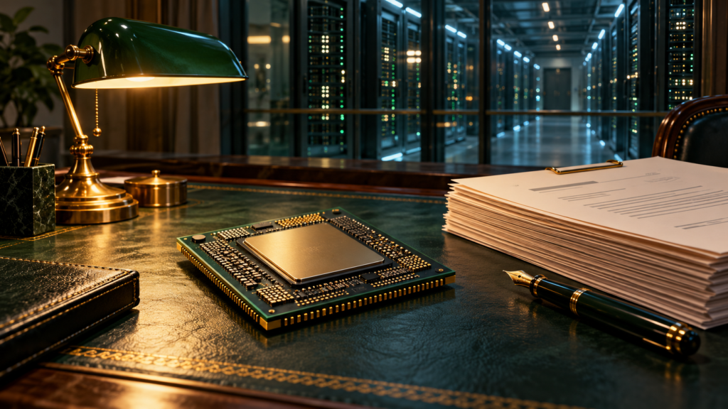 Editorial illustration of a semiconductor chip on a green leather banking desk beside financing papers, with data-centre server racks behind glass.