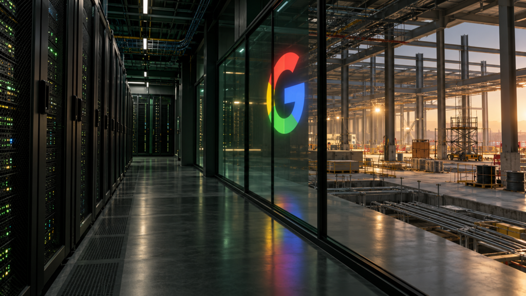 Editorial illustration of Google’s multicoloured G reflected in glass beside server racks and a data-centre extension under construction.