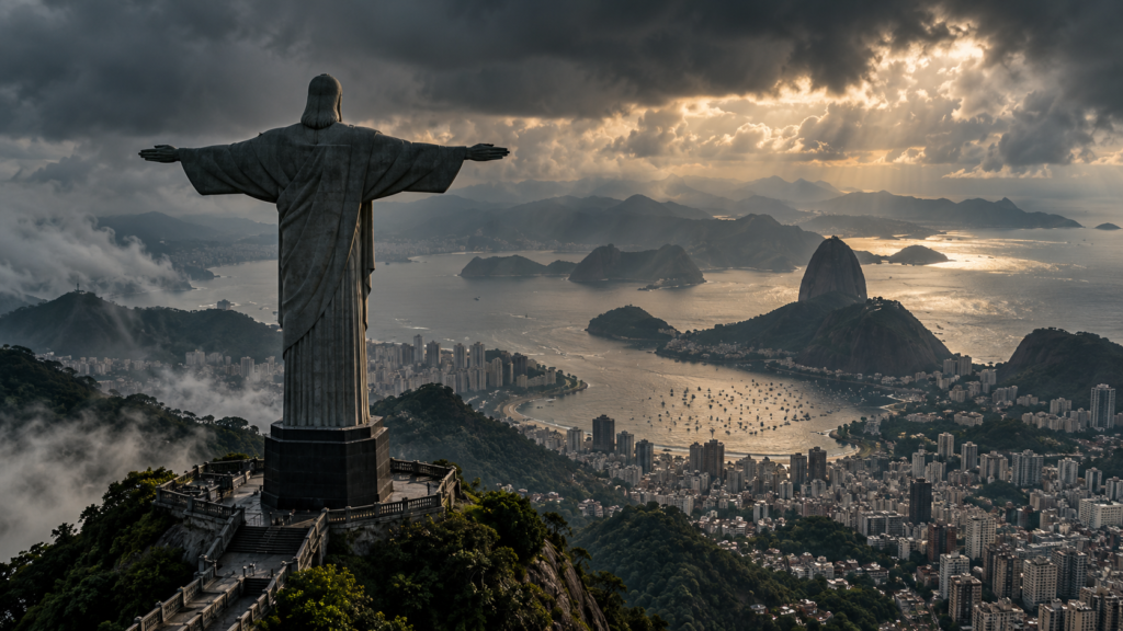 Editorial illustration of Christ the Redeemer overlooking Rio de Janeiro and Guanabara Bay beneath dramatic storm clouds, for the October 26 Daily Lens.