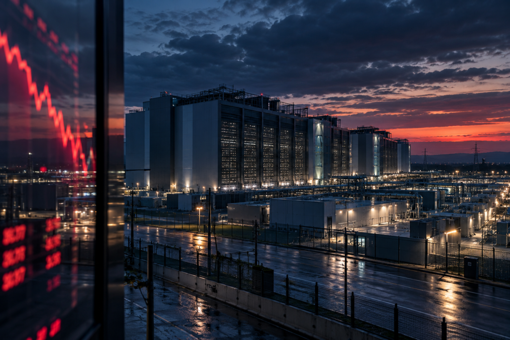 Editorial illustration of a large AI data centre at dusk, with a declining red financial-market chart reflected in the foreground; not a photograph of a specific facility or a real price chart.