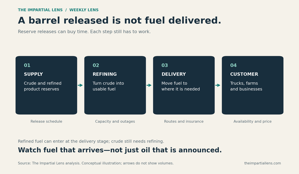 Diagram showing fuel moving from reserves through refining and delivery to customers, with potential constraints at each stage.