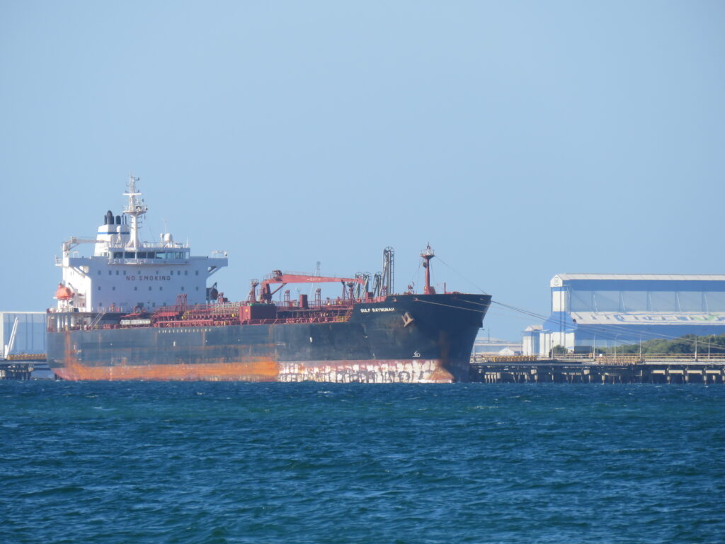Oil and chemical tanker Gulf Baynunah at the former BP oil refinery jetty in Kwinana, Western Australia; illustrative photograph of fuel transport.